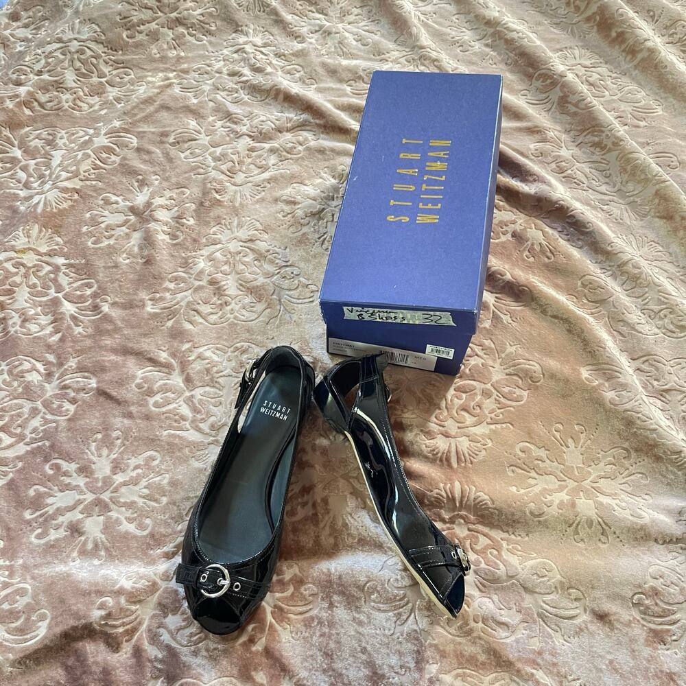 Stuart‎ Weitzman Black Patent Leather Cut Out Chitchat Buckle Ballet Flats 7